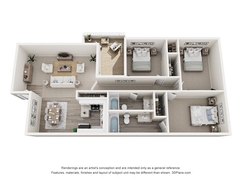 A 3D floor plan of a house with a kitchen, living room, and three bedrooms.